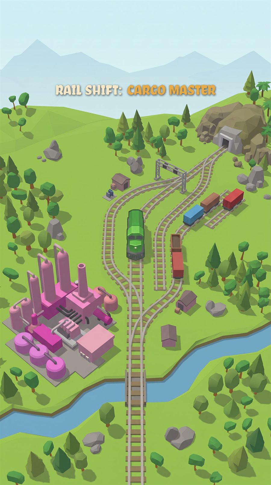 A green locomotive on a branching railway between a factory, a tunnel and a river